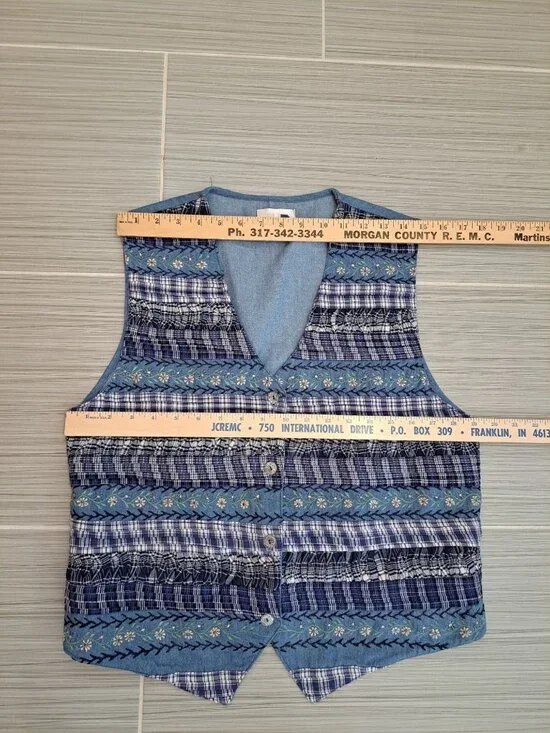 Vtg Paul Harris Vest Womens Blue Plaid Floral Embroidered Cotton Large Cottage - Picture 6 of 8